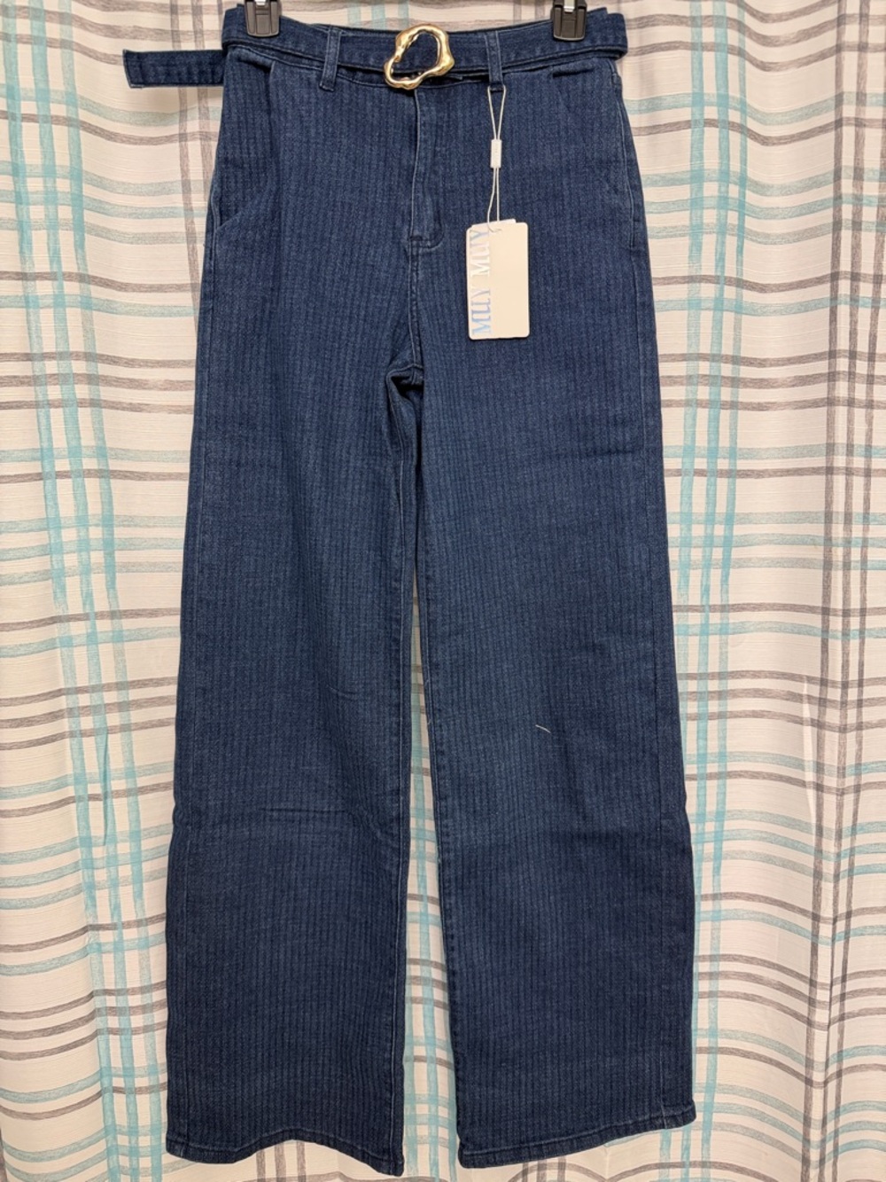 Dark Blue Straight-Leg Corduroy Pants with Belt